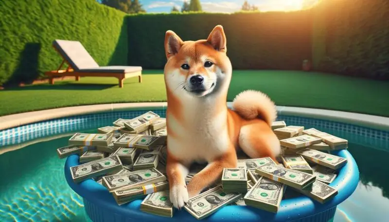 Shiba Inu sitting in a pool of money