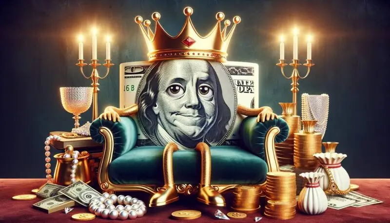 US Dollar portrayed as happy surrounded by a lot of wealthy objects