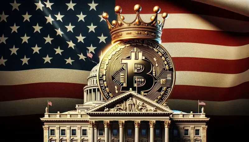 Bitcoin sitting on top of the White House wearing a crown