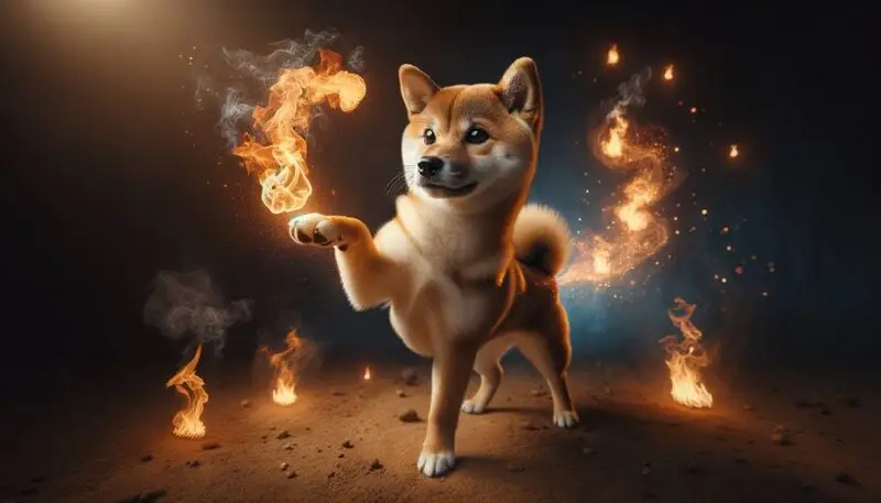 Shiba inu playing with fire