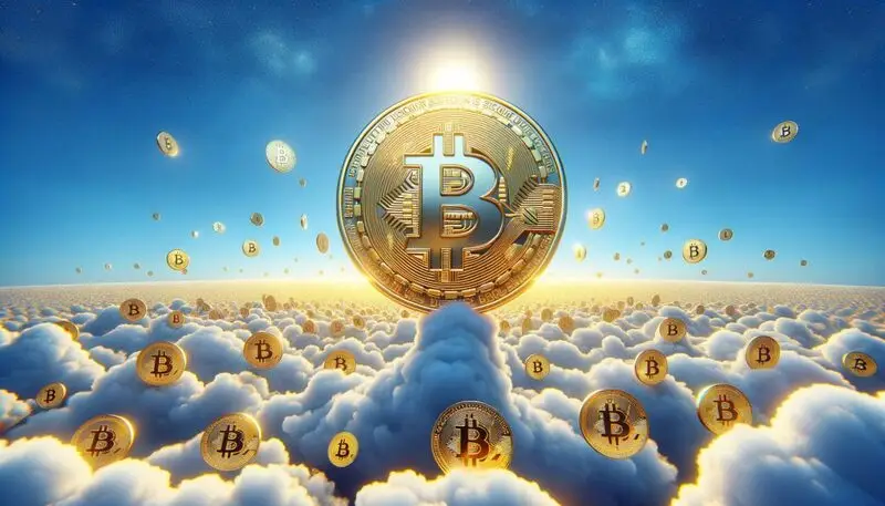 Bitcoin flying through clouds