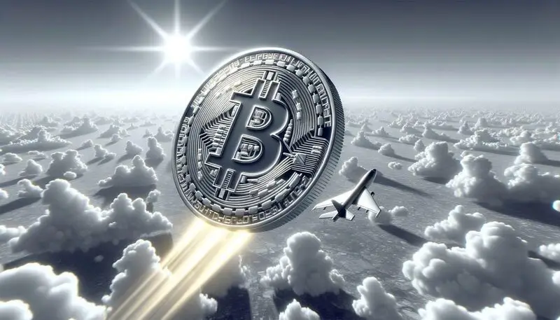 Bitcoin flying through clouds