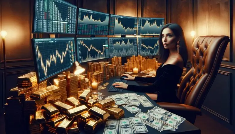 crypto trader at desk with money