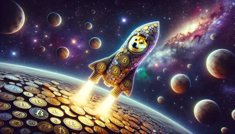 dogecoin cryptocurrency on a rocket