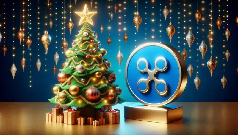 logo of Ripple XRP cryptocurrency near a christmas tree.