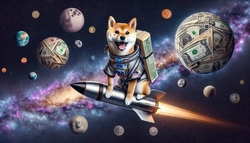 Shiba Inu on a rocket with galaxies made of money cryptocurrency