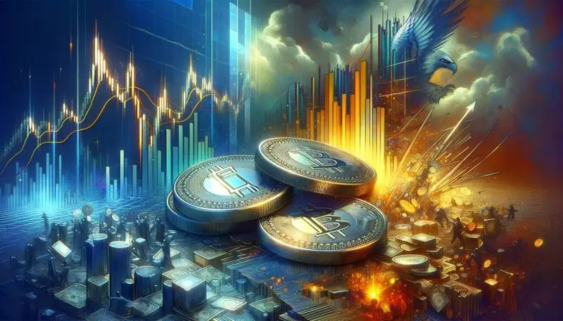 three cryptocurrency coins with a market crash background