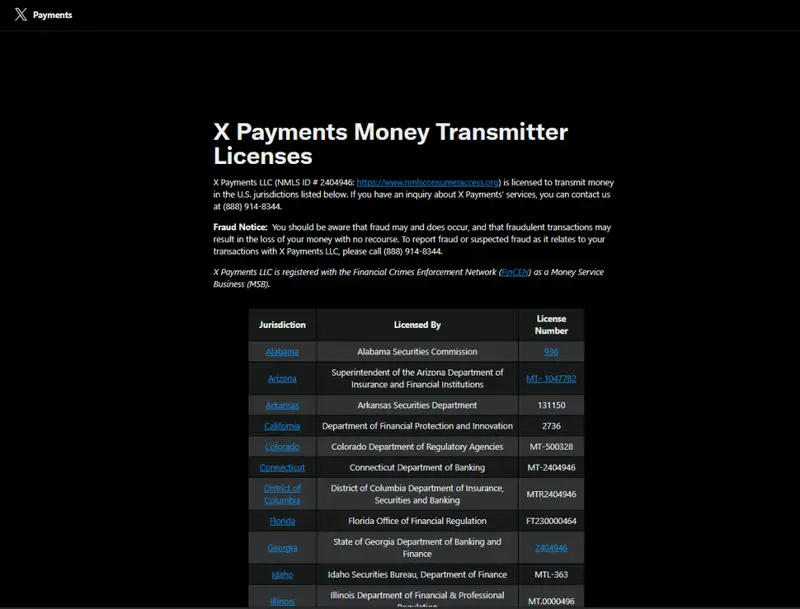 X Payments Money Transmitter Licenses