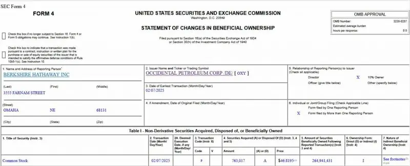 Warren Buffett Berkshire Hathaway form 4 filing purchase of OXY Occidental Petroleum stock