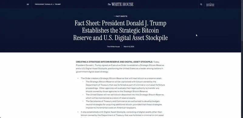 White House fact sheet on the Strategic Bitcoin Reserve