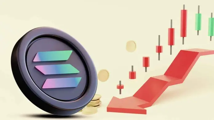 Solana cryptocurrency coin with downward trending red price chart, illustrating the dramatic revenue collapse