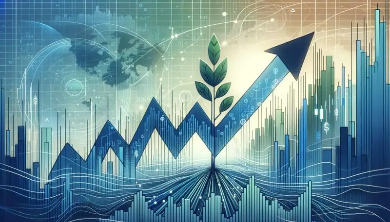 Conceptual illustration of stock market growth with upward trend arrow and plant symbolizing financial growth