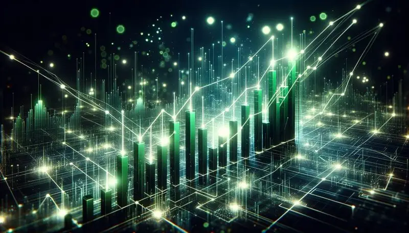 Glowing green cryptocurrency market charts with rising trend lines and digital network connections in a futuristic cityscape visualization