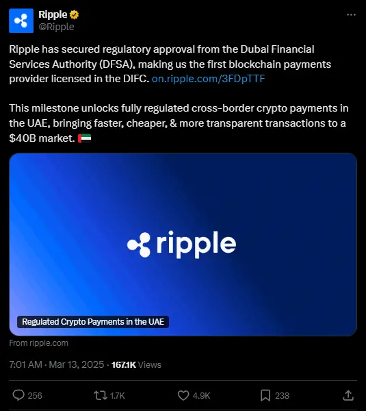 Ripple has secured regulatory approval from the Dubai Financial Services Authority (DFSA)