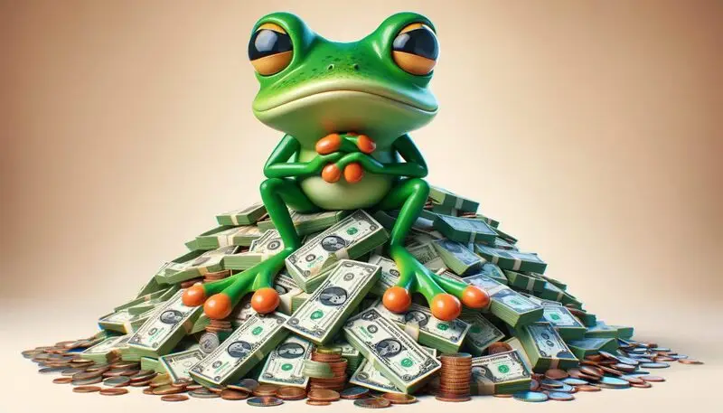 Pepe the frog on a pile of money