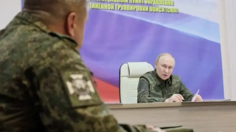 Russian President Vladimir Putin at a command center in Kursk region