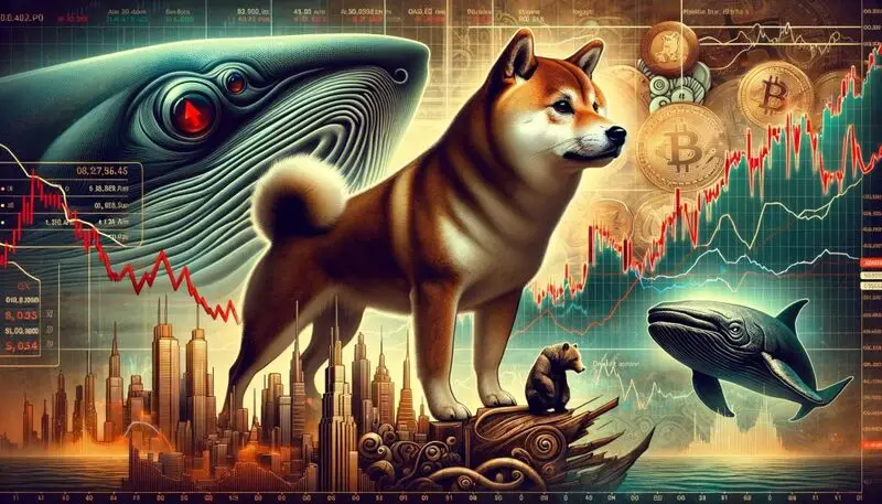 Shiba Inu standing on cityscape with whale and price charts