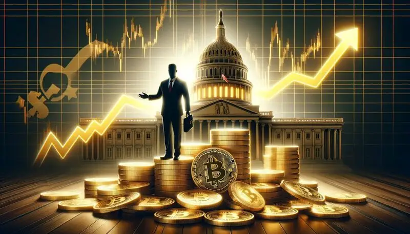 Business figure standing on Bitcoin coins with Capitol building and rising crypto chart