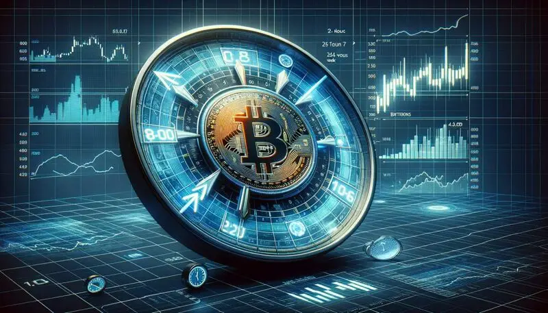 Bitcoin surrounded by a 24-hour clock with trading charts in the background showing continuous market activity