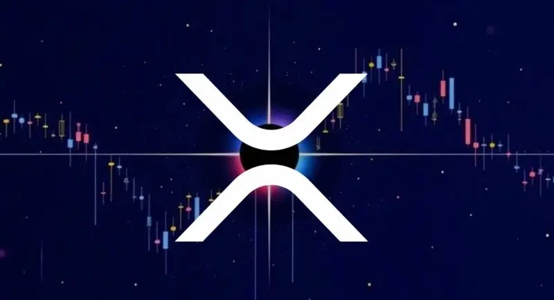 XRP logo with price chart candlesticks on dark blue background