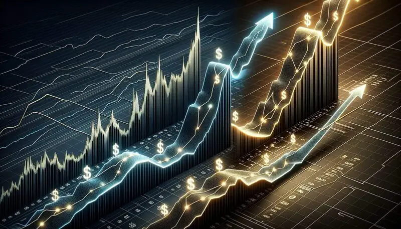 Two futuristic digital cryptocurrency price charts with dollar sign markers, showing one steep blue growth line and one gradual golden growth line racing toward the $1 milestone