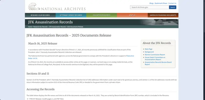 National Archives webpage showing JFK Records release