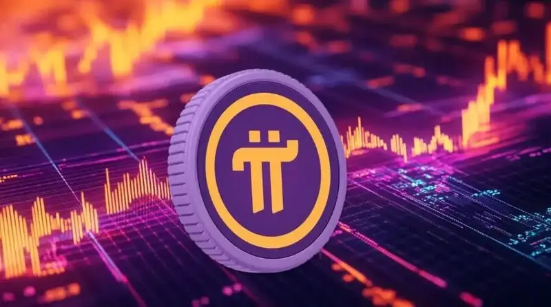 Pi coin cryptocurrency token with trading chart background