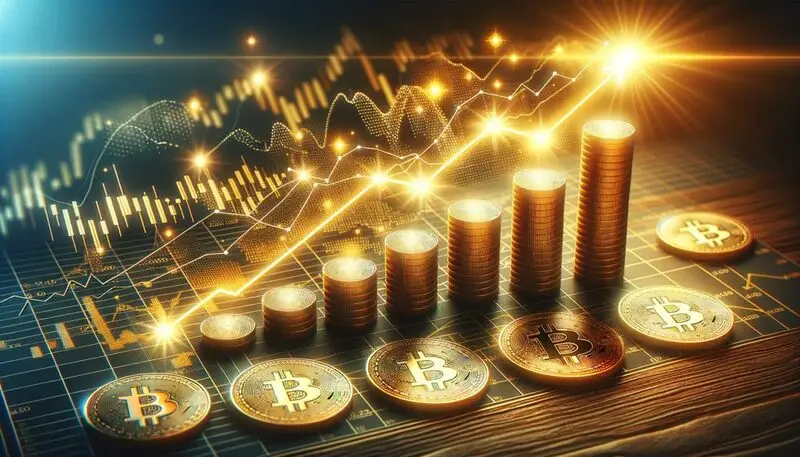 "Golden cryptocurrency coins with ascending stacks and glowing upward trend line