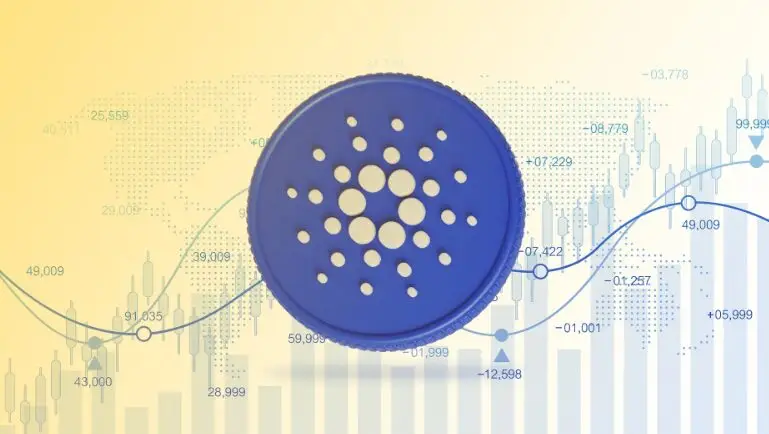 Cardano logo with price chart overlay showing upward trend