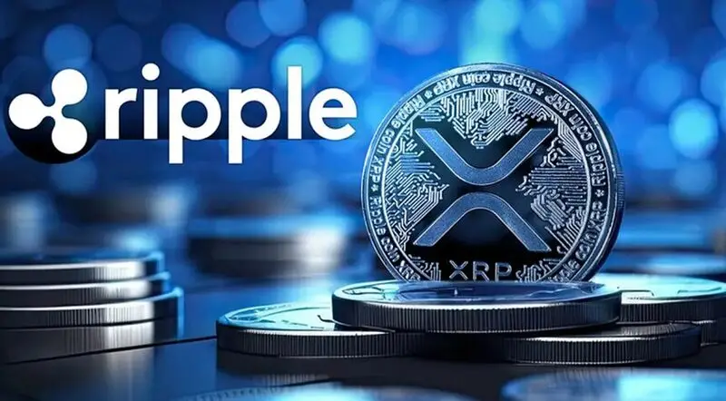 XRP logo and coin on blue digital background