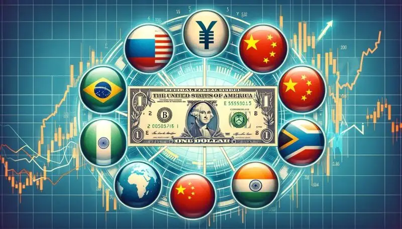 US dollar surrounded by BRICS nation currency symbols against financial chart background