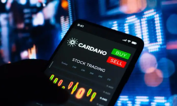 Smartphone displaying Cardano trading interface with buy and sell buttons