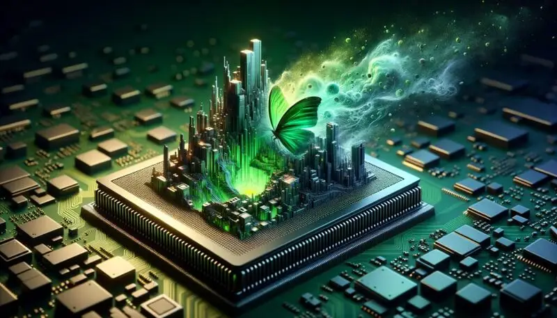 small computer chip transforming into a futuristic AI cityscape