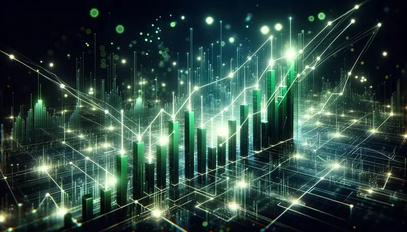 Bitcoin Glowing green cryptocurrency market charts with rising trend lines and digital network connections in a futuristic cityscape visualization