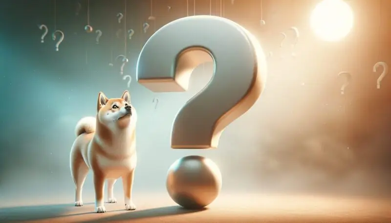 Shiba Inu dog looking up at large question mark with small question marks in background