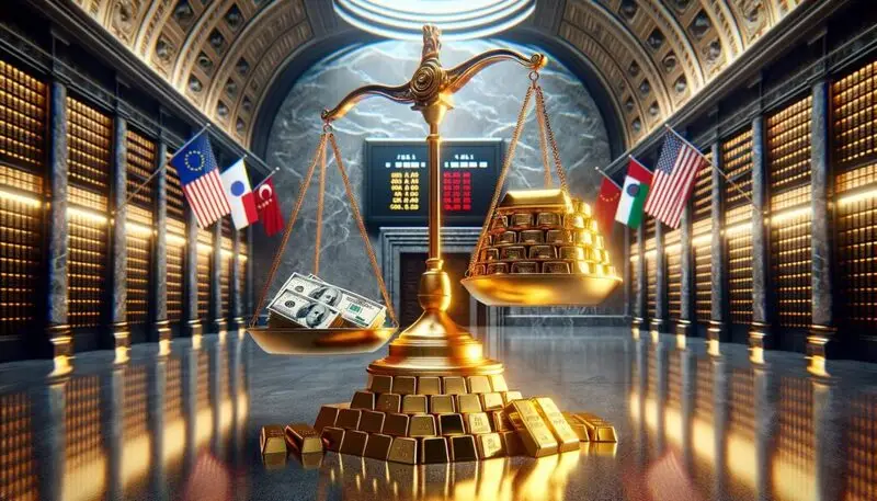 gold scale dramatically tilting away from a pile of U.S. Treasury bonds toward gleaming gold bars