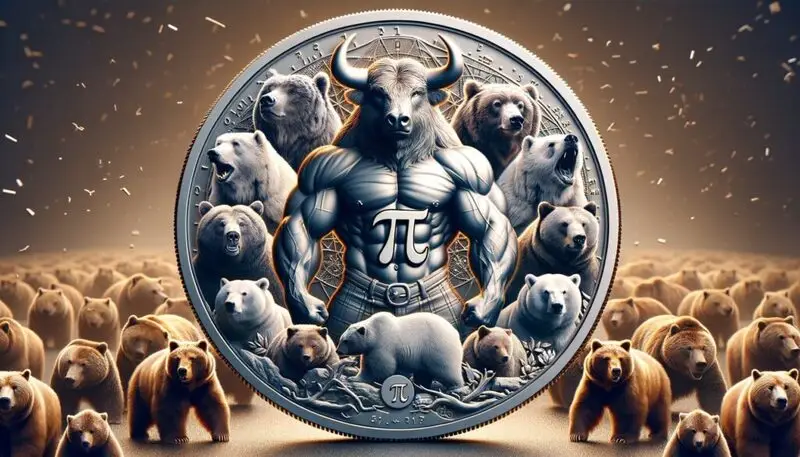 Pi coin riding on Bull sorounded by bears