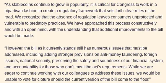 Statement from Congress members regarding stablecoin regulation and consumer protection