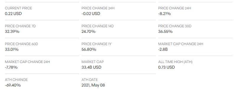 DOGE with the elaborated price metrics that display current price of $0.22 USD and change with time frames of metrics