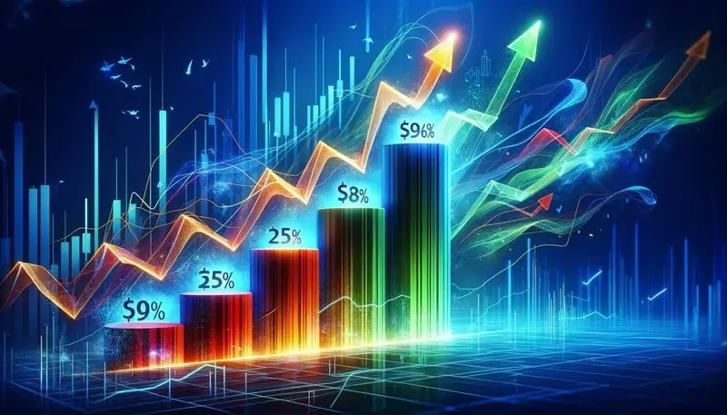 Colorful stock chart showing rising trend lines with growth percentages, symbolizing bargain stocks with high growth potential against a blue digital background