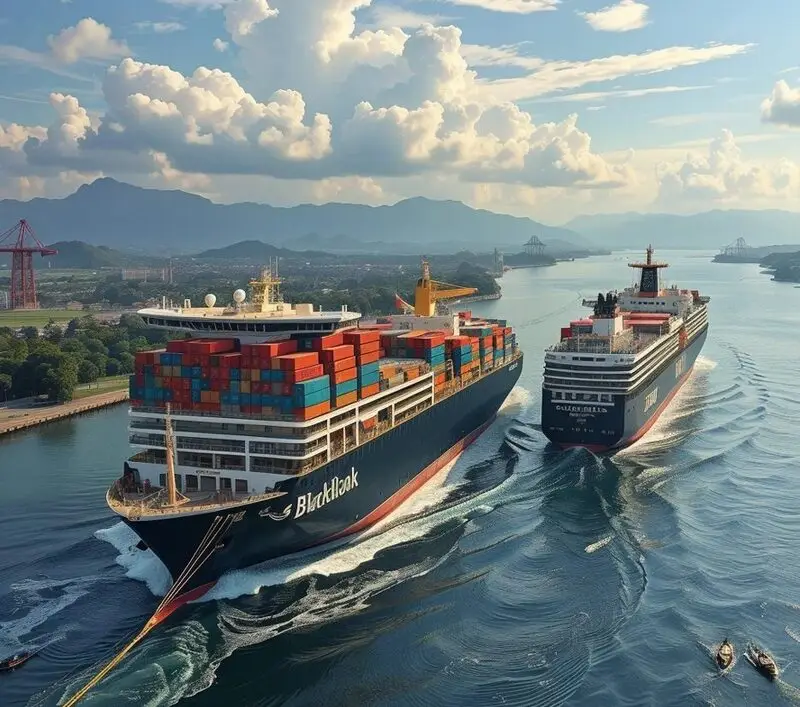 Ships navigating Panama Canal with BlackRock branding visible