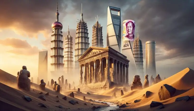 Asian skyscrapers rising from desert with Chinese yuan note as global financial power shifts away from traditional Western institutions