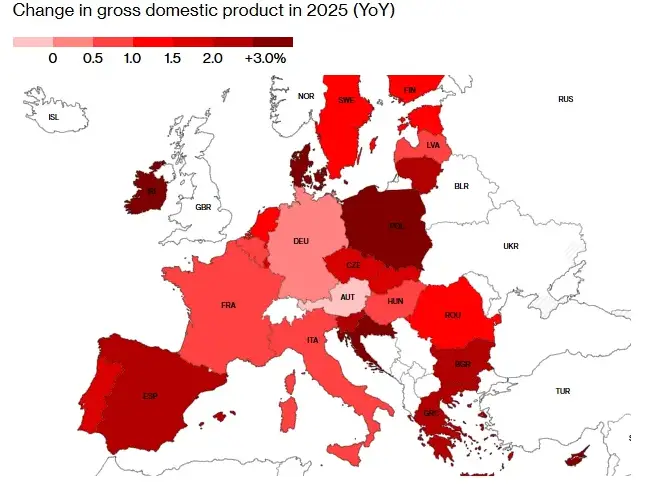 Color-coded map of Europe showing GDP growth projections for 2025