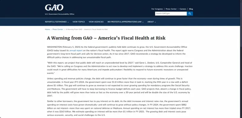 GAO warning about America's fiscal health showing projections of rising debt levels