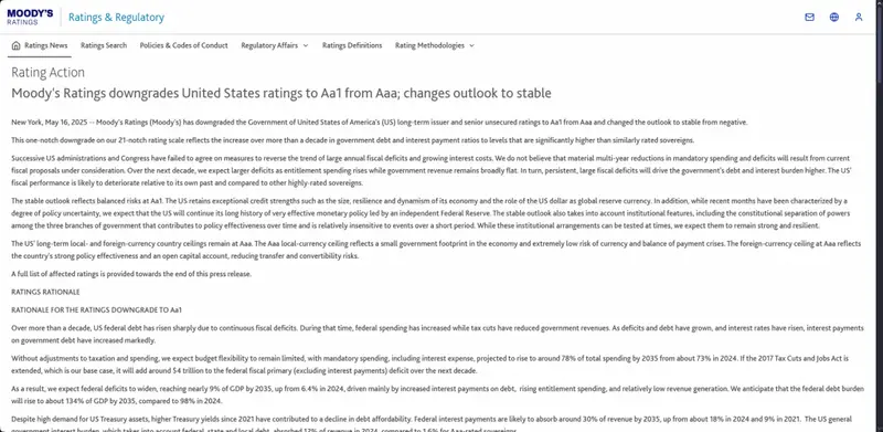 Moody's official downgrade announcement showing the U.S. rating change from Aaa to Aa1