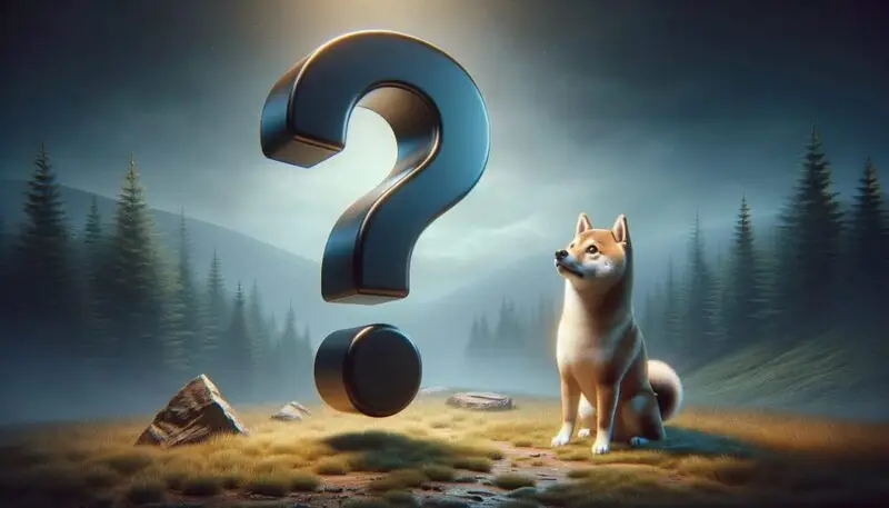 Shiba Inu dog standing next to large question mark in foggy forest landscape