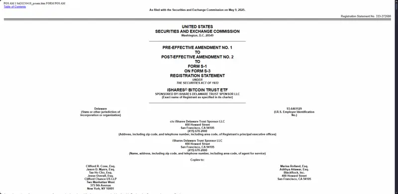 Blackrock iShares Bitcoin Trust ETF SEC Application