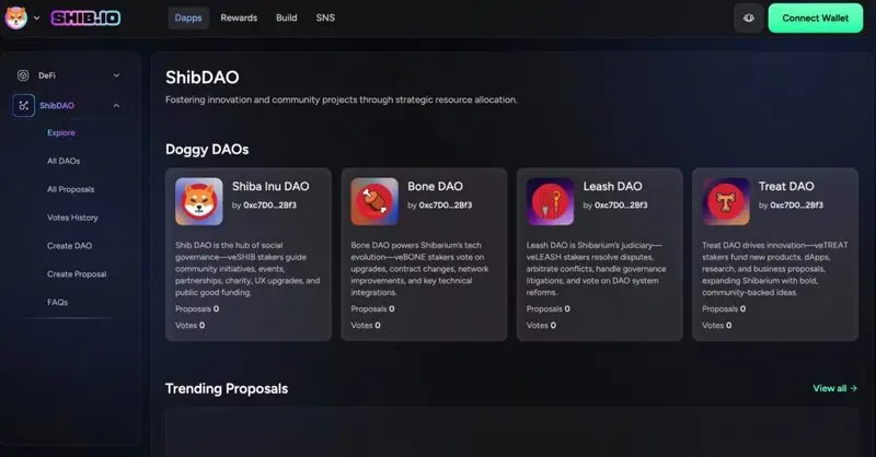 ShibDAO interface displaying four specialized DAOs
