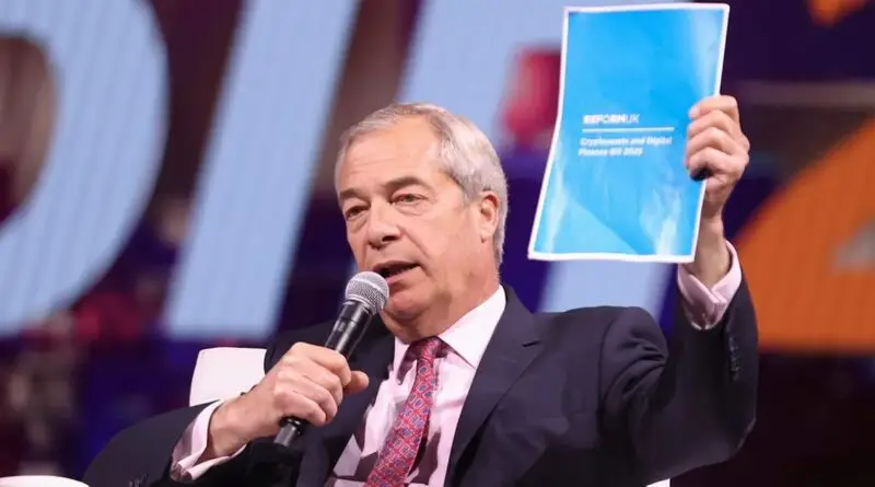 Nigel Farage speaking at Bitcoin 2025 Conference