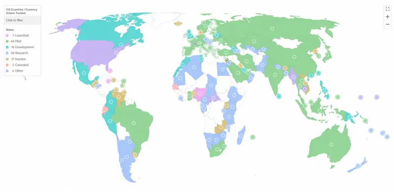 World map showing countries with active CBDC programs